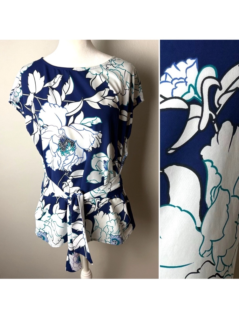 APT.9 Blouse Size Small Top Short Cap Sleeves Tie Waist Floral Blue Teal White